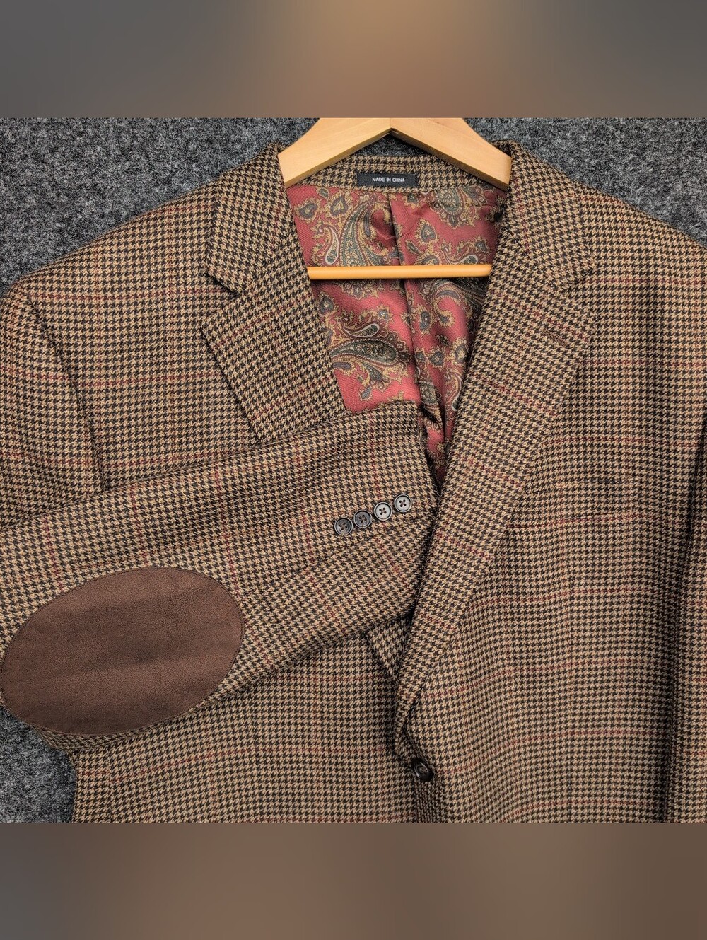 Vtg Ralph Lauren Jacket 48R Brown Wool Houndstooth Elbow Patches Paisley Lined